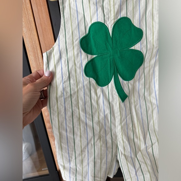 St. Patricks Day four leaf clover jon jon romper smock appliqué baby boy stripes - Picture 7 of 8
